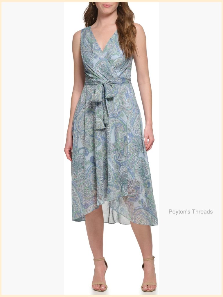 V-Neck Self Tie Midi Dress - Chiffon Paisley, Sleeveless